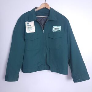 Vintage Hess Green Employee Work Jacket Gas Oil Station Size 46R Made In USA